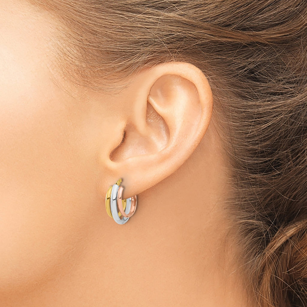 14K with White Rhodium and Rose Gold Plating Polished 3 Row Oval Hoop Earrings