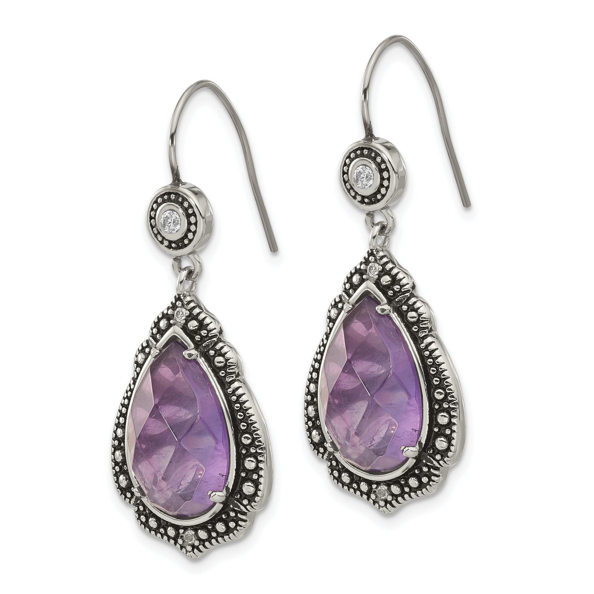 Stainless Steel Polished & Antiqued Multi-color Cubic Zirconia Drop Dangle Earrings for Women