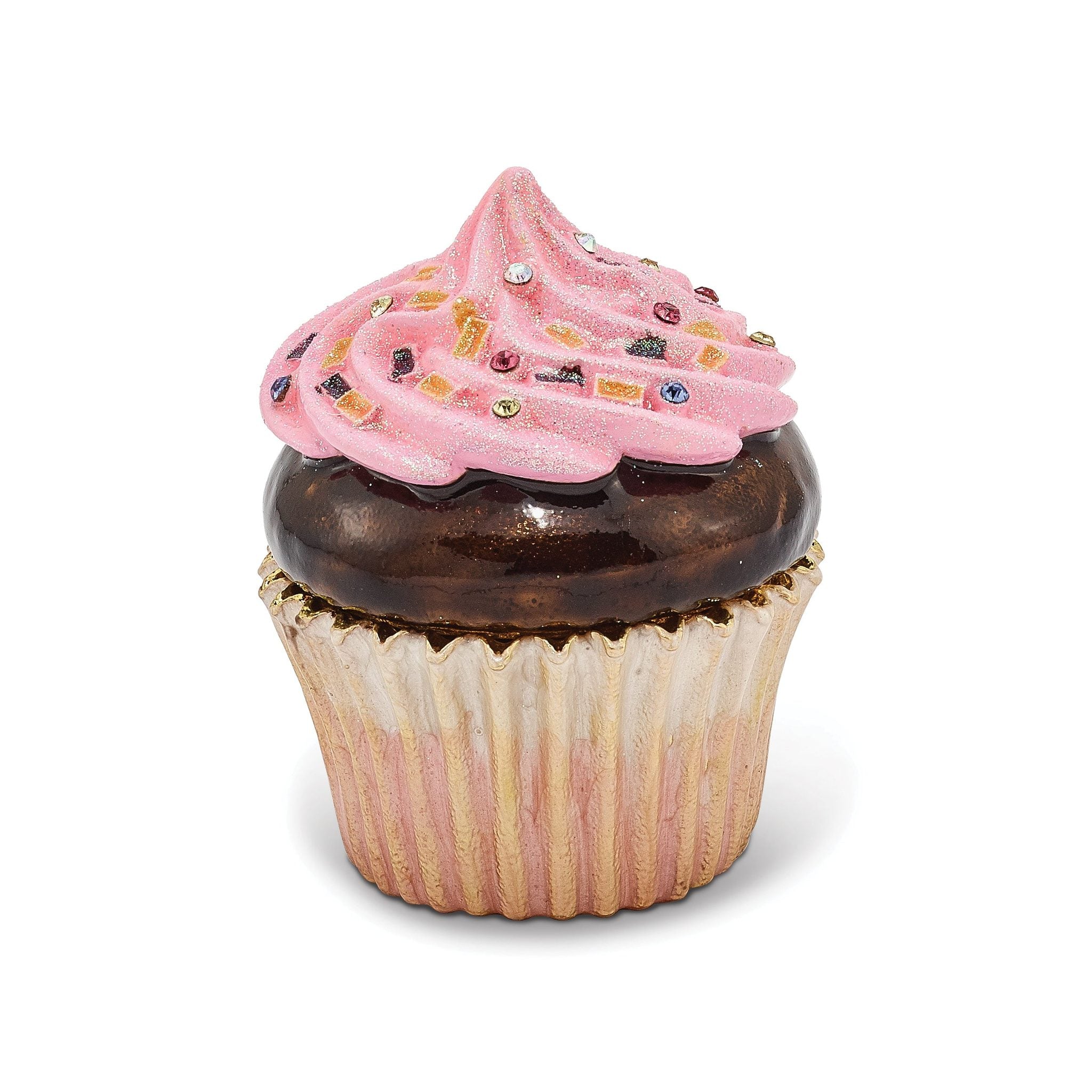 Luxury Giftware Pewter Bejeweled Crystals Gold-tone Enameled BERRIES 'N CREME Chocolate Cupcake Trinket Box with Matching 18 Inch Necklace Main image