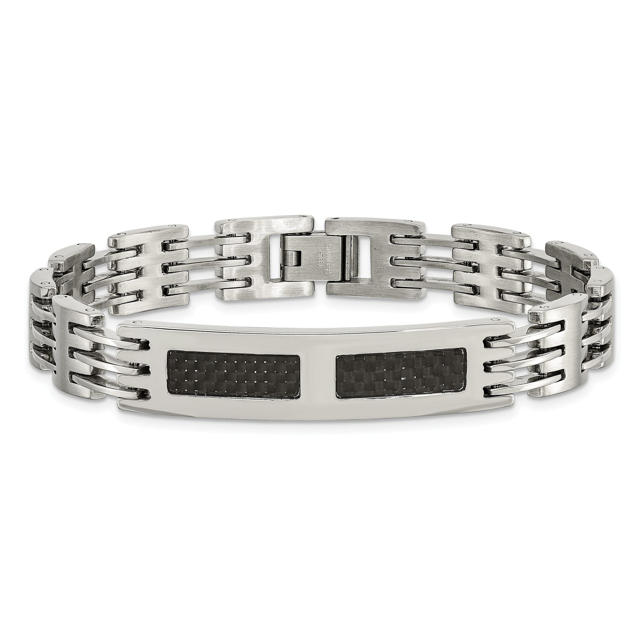 Stainless Steel Polished with Black Carbon Fiber Inlay ID Bracelet for Men