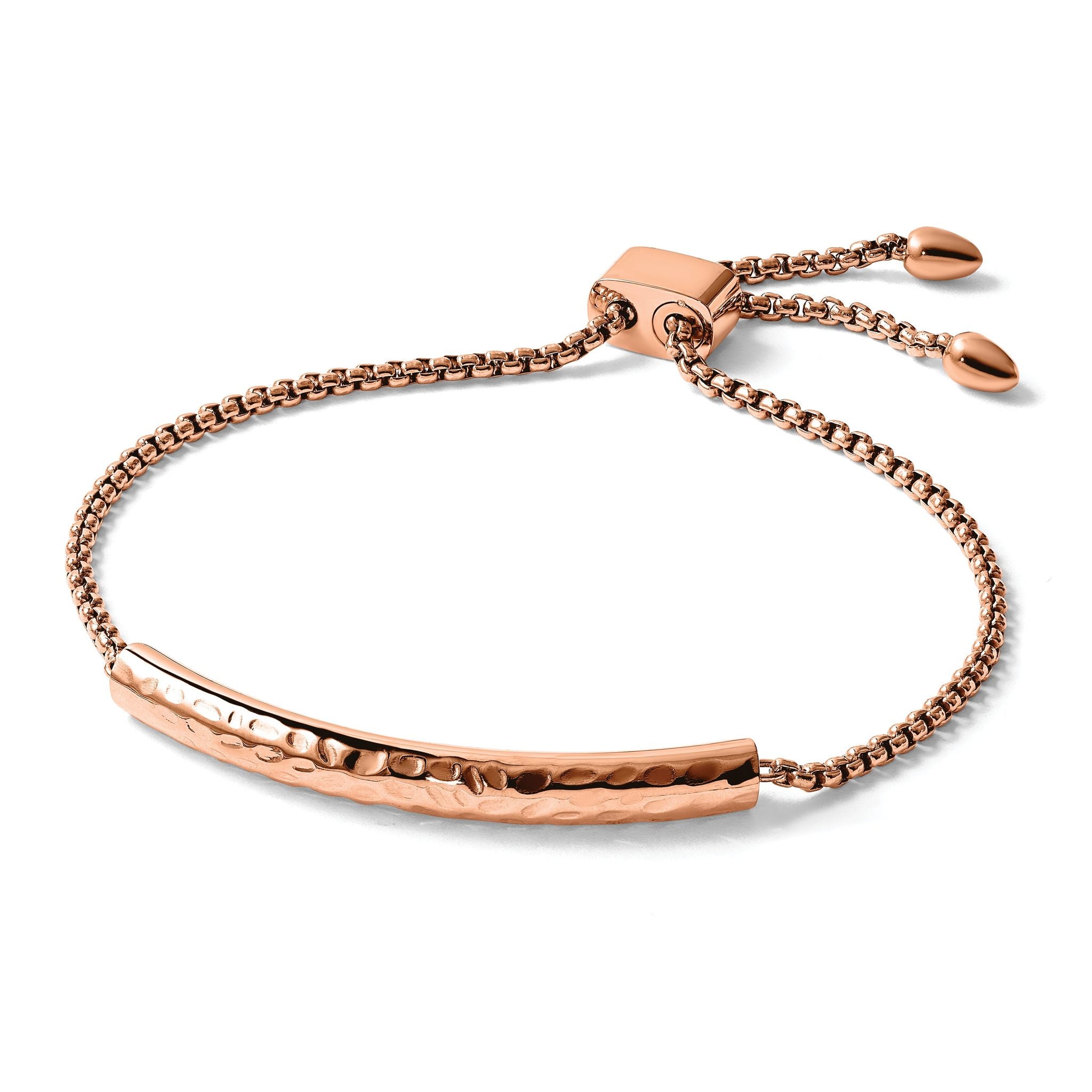 Stainless Steel Polished and Hammered Rose IP-plated Adjustable Bar Bracelet for Women