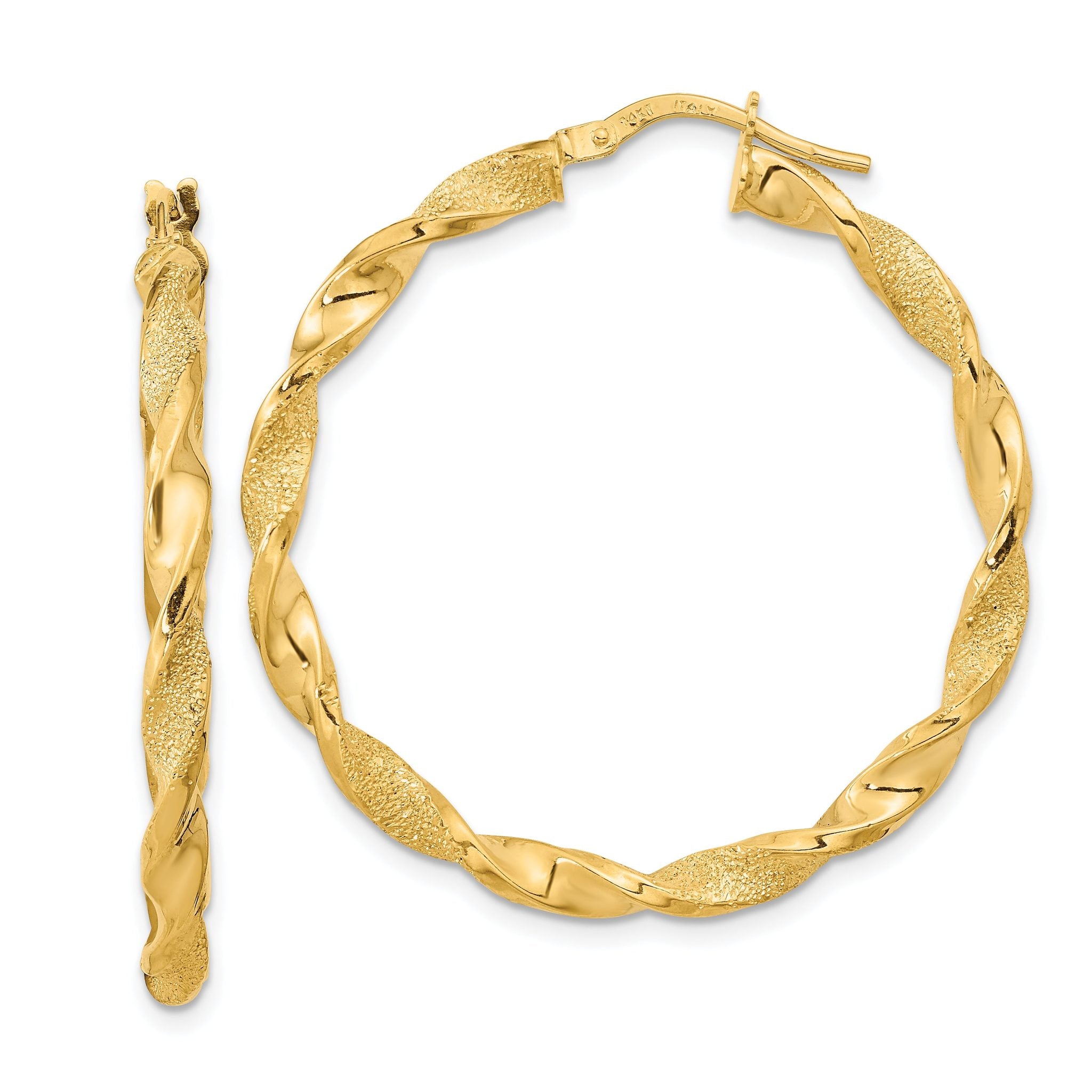 14K Polished and Textured Twisted Hoop Earrings Main image