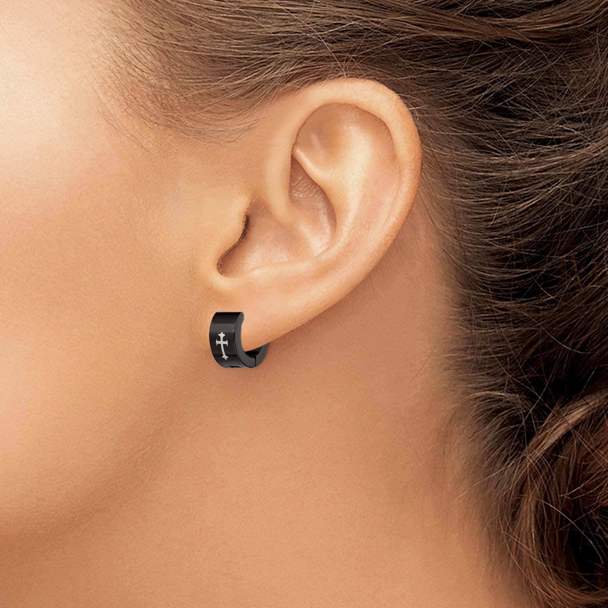 Stainless Steel Black Hinged Cross Huggie Hoop Earrings