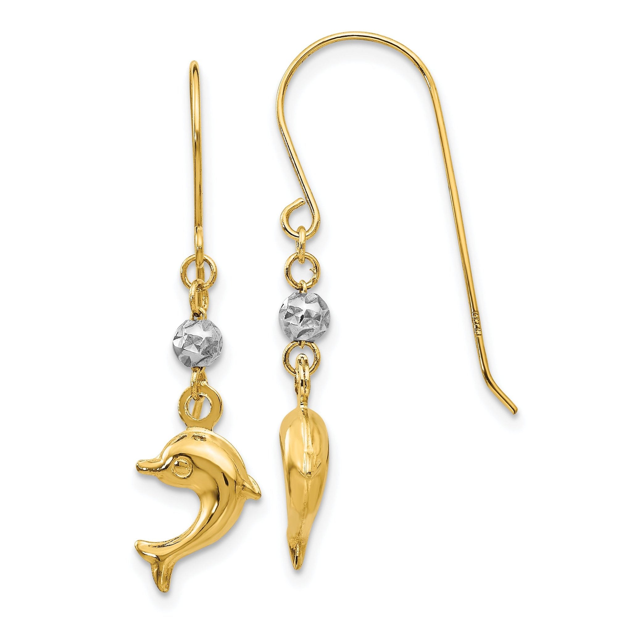 14K Two-Tone Gold Dolphin Dangle Earrings with Polished Finish Main image