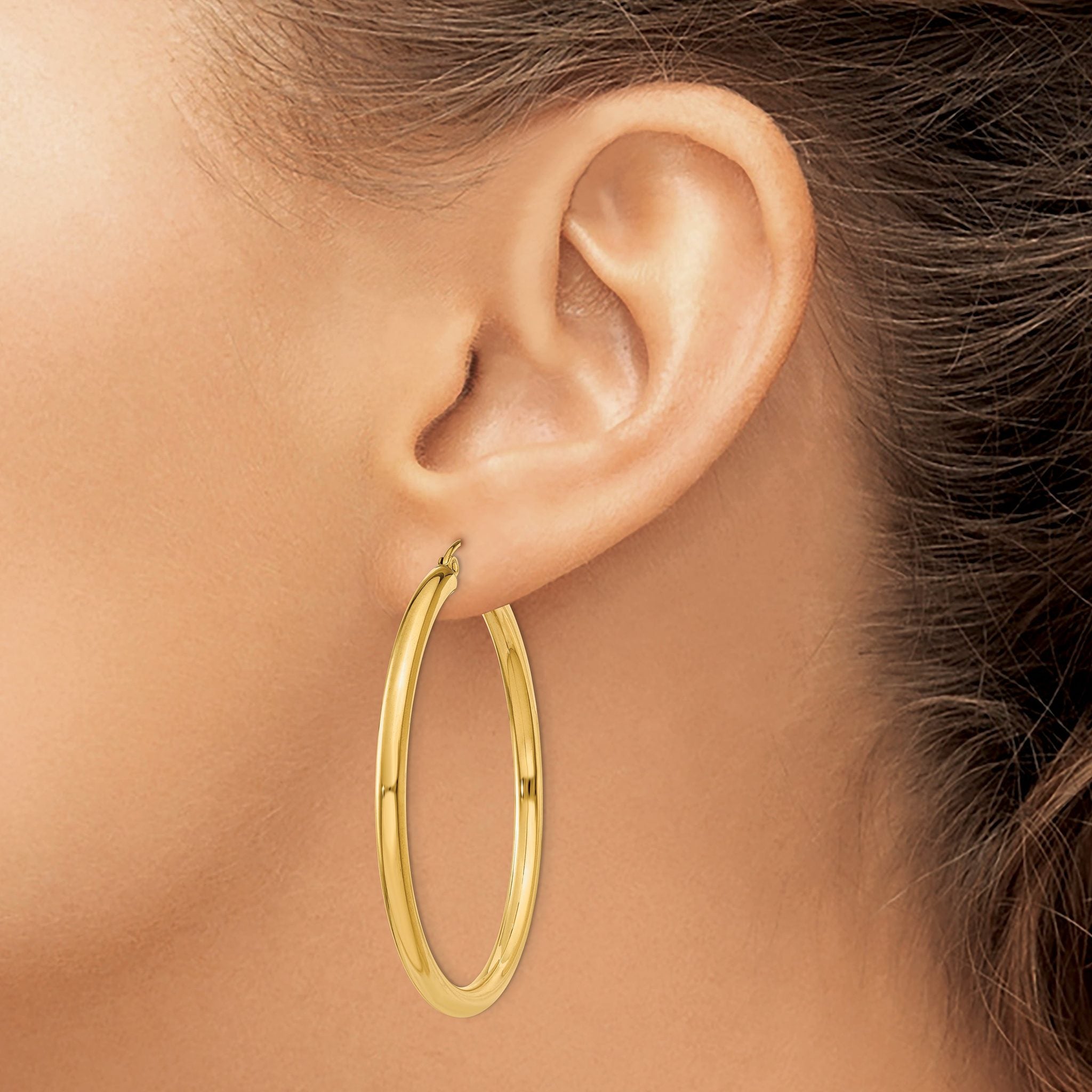 10K Yellow Gold Polished Hoop Earrings 3mm Tube Elegant Design for Women