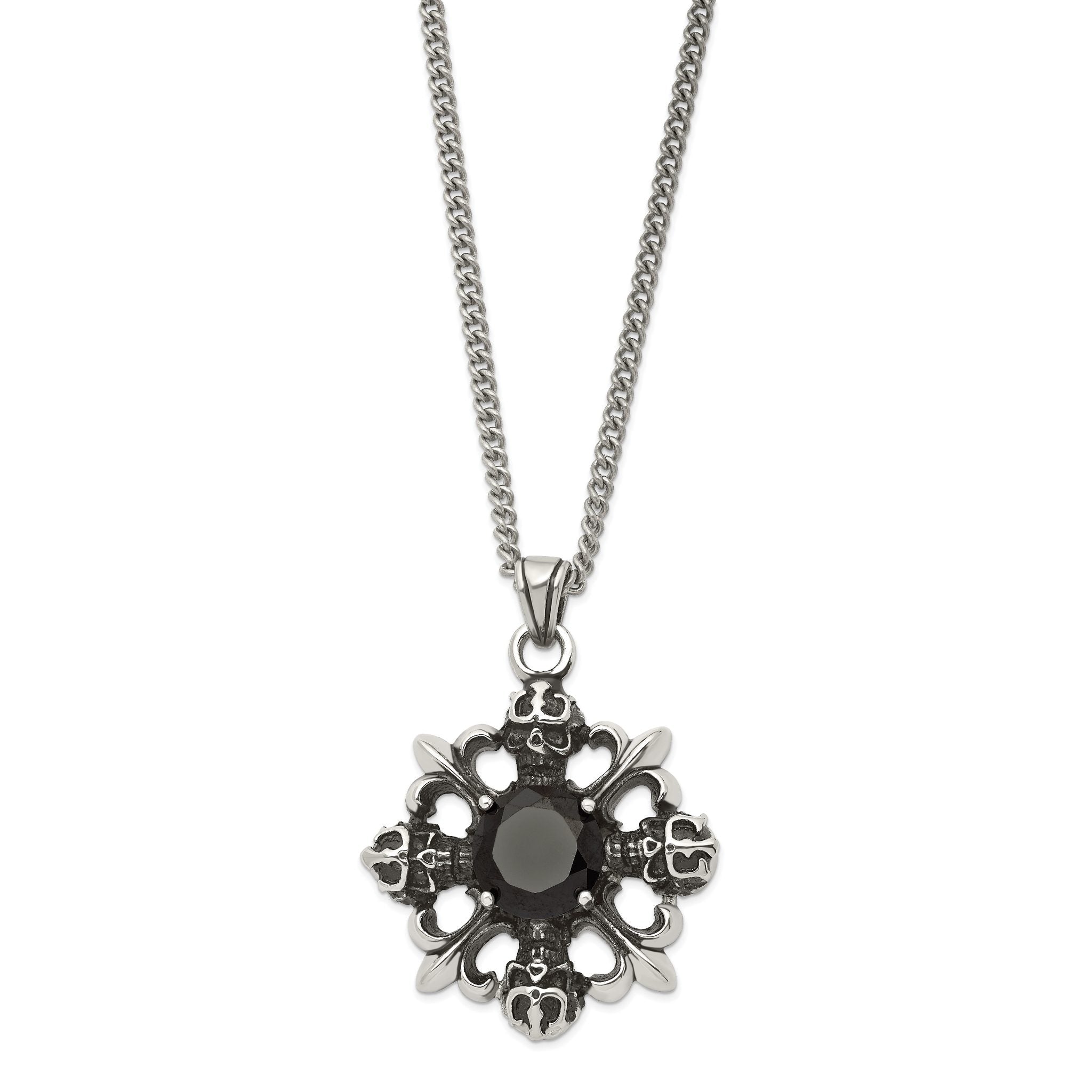 Stainless Steel Men's Necklace with Black CZ Skulls & Fleur de Lis Main image