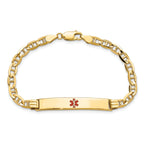 14K Medical Solid Chain/Solid Plate 37x6mm Centered Red Enamel Anchor Link 8 inch ID Bracelet