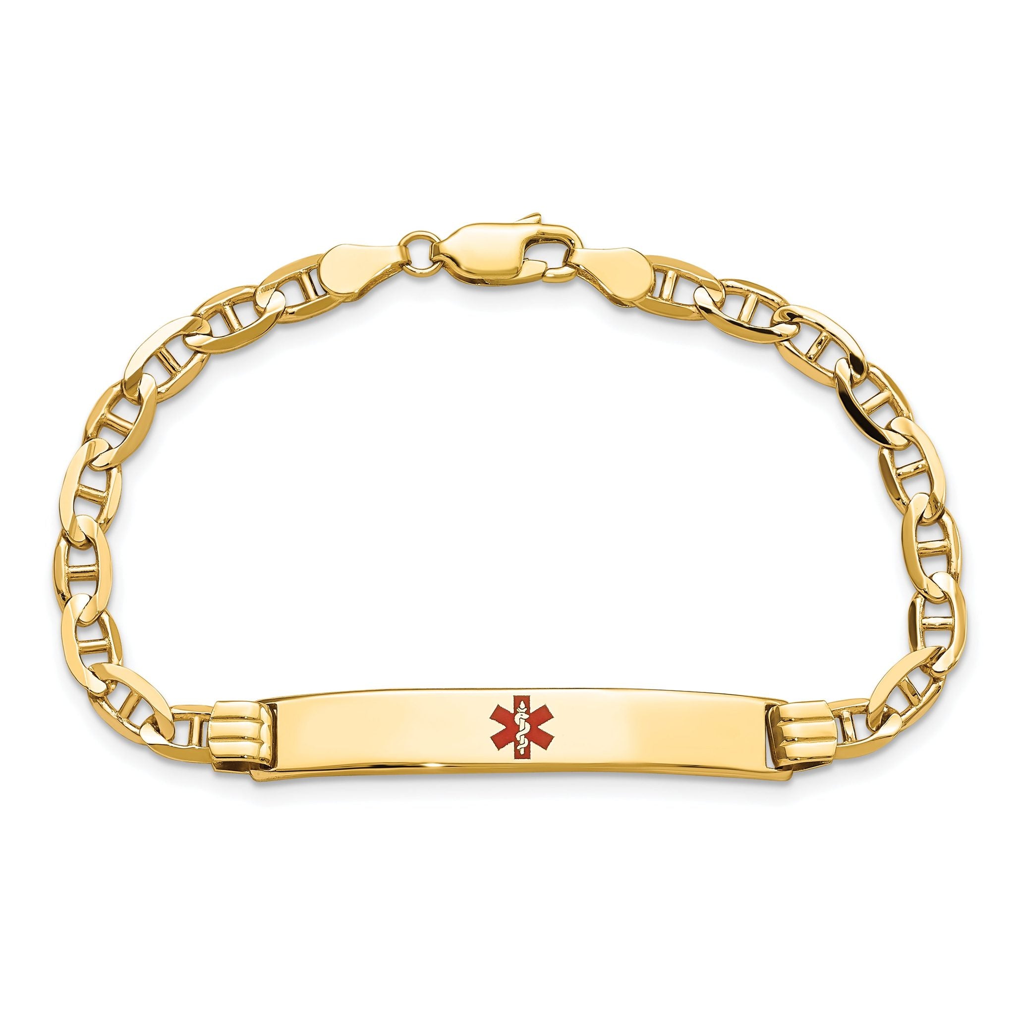 14K Medical Solid Chain/Solid Plate 37x6mm Centered Red Enamel Anchor Link 8 inch ID Bracelet