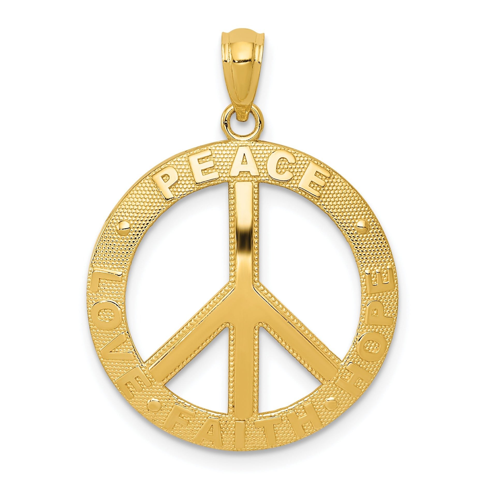 14K Gold Peace Love Faith Hope Pendant with Polished Textured Finish