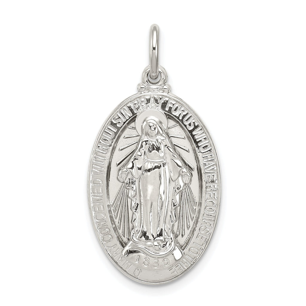 Sterling Silver 925 Miraculous Medal Pendant with Polished 3D Design