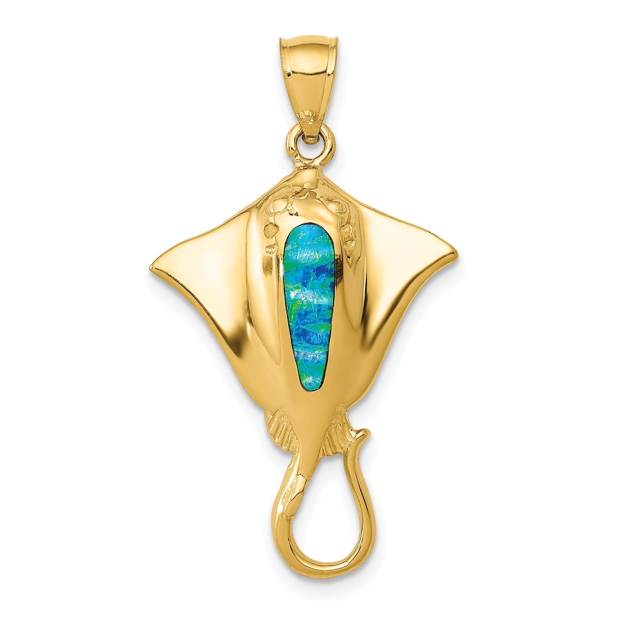14K Gold Polished Stingray Pendant with Created Blue Opal Main image