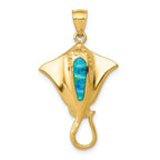14K Gold Polished Stingray Pendant with Created Blue Opal