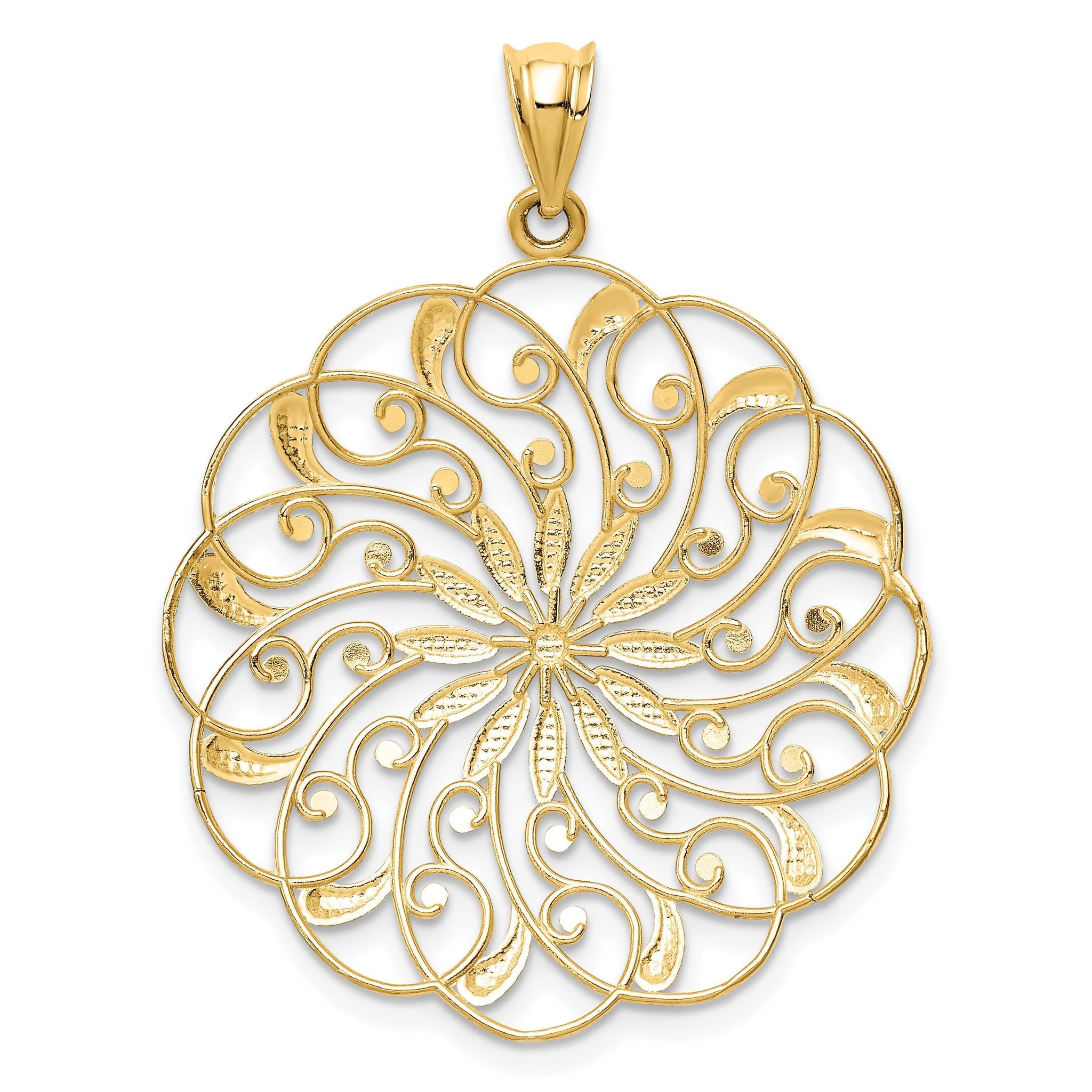 14K Gold Fancy Swirl Pendant with Rhodium Accents and Diamond-Cut Finish