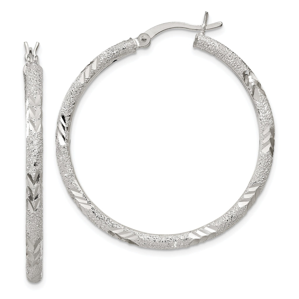 Sterling Silver 925 Diamond-Cut Hoop Earrings with Polished Laser Design