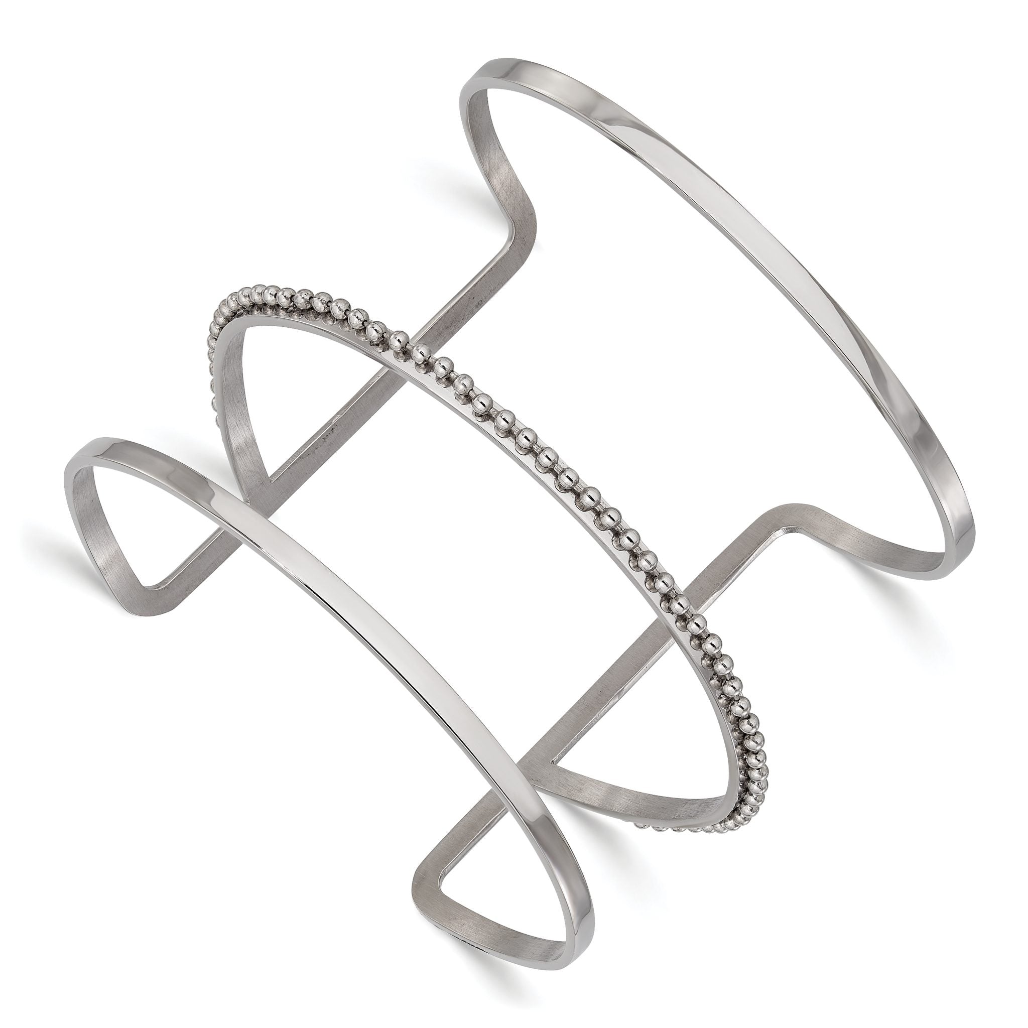 Stainless Steel Polished Beaded Cuff Bangle Bracelet for Women