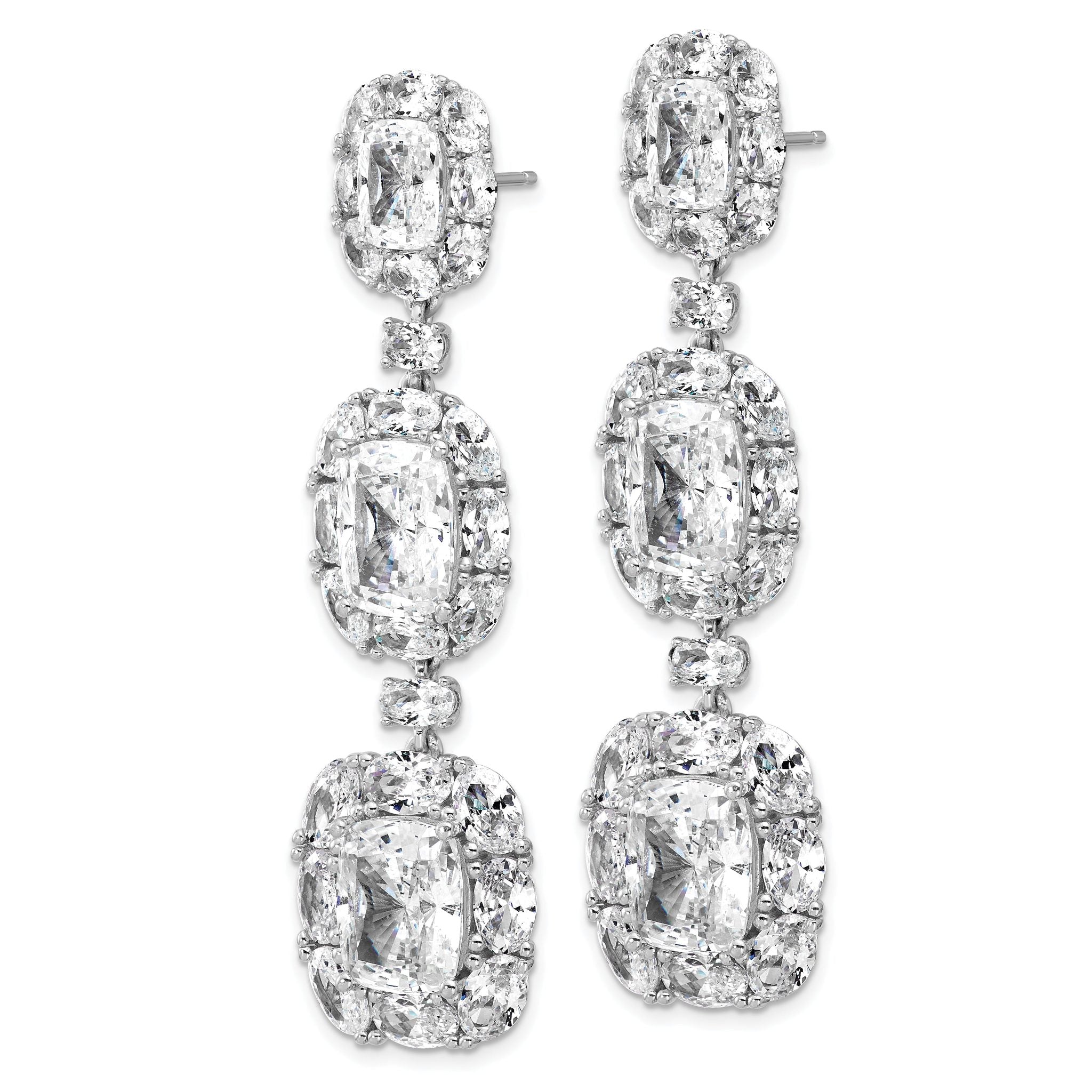 Cheryl M Sterling Silver Rhodium-plated Polished Fancy Cushion-cut CZ Halo Cluster Post Dangle Earrings Secondary image