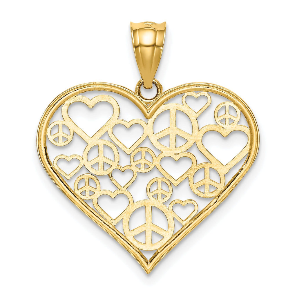 14K Gold Polished Heart Pendant with Peace Sign Design Elegant and Solid