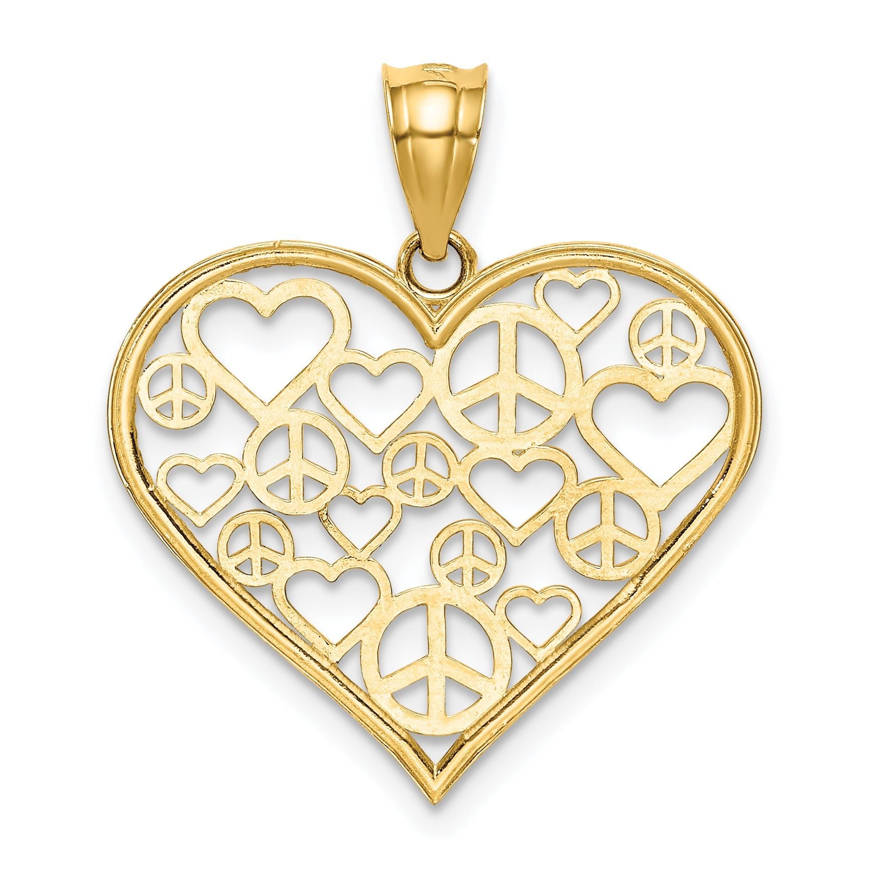 14K Gold Polished Heart Pendant with Peace Sign Design Elegant and Solid