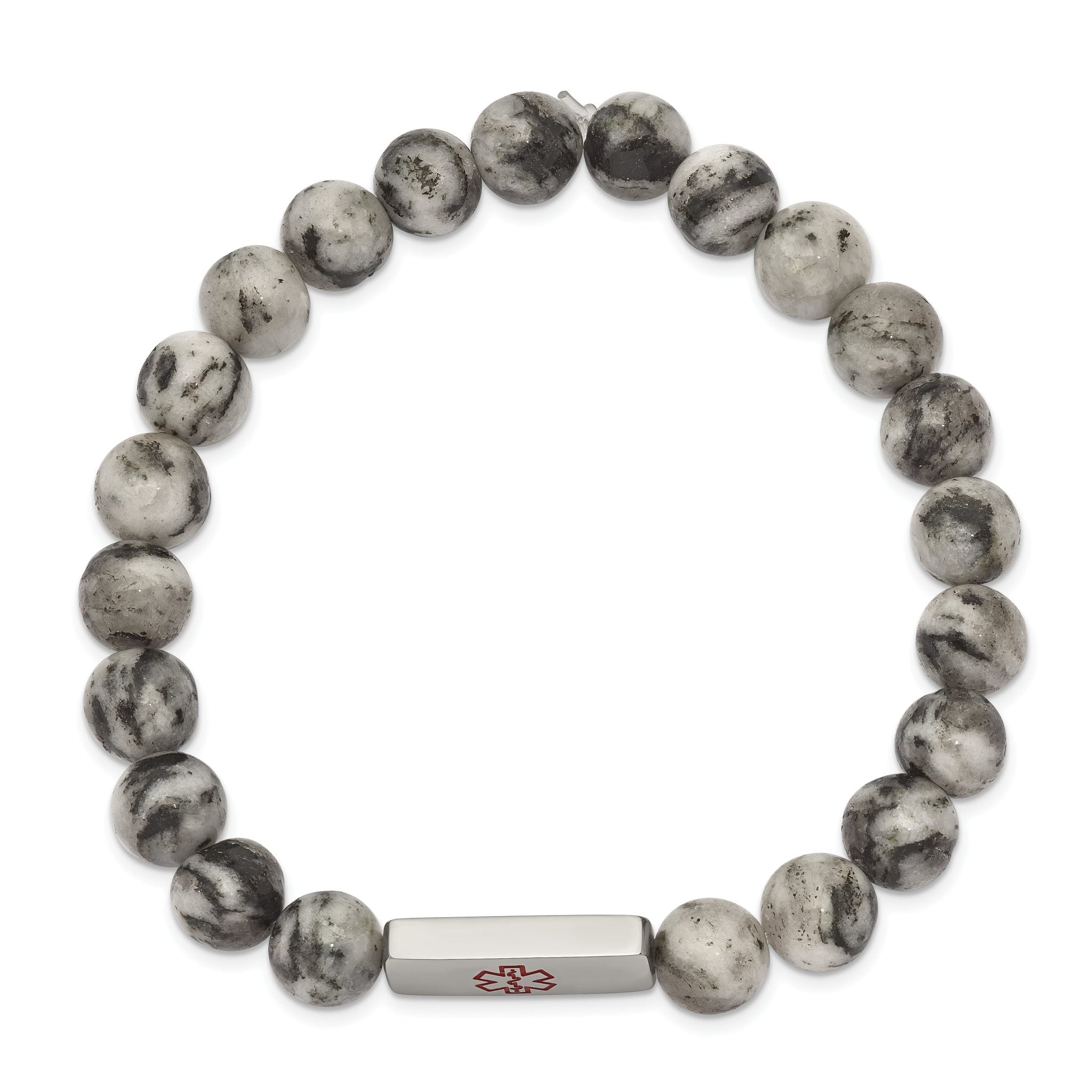 Stainless Steel Polished with Red Enamel Medical ID 8.5mm Lotus Jasper Beaded Stretch Bracelet Secondary image