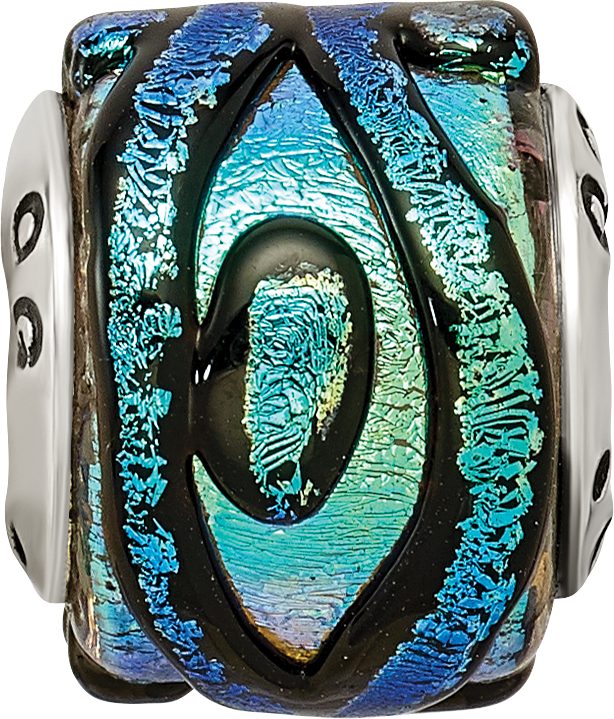 Sterling Silver Reflections Bead with Green Dichroic Glass and Antiqued Finish
