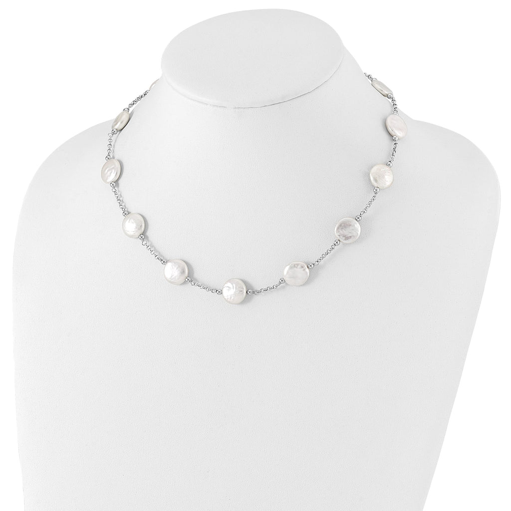 Sterling Silver Rh-pltd 12-13mm White Coin FWC Pearl 13-station Necklace
