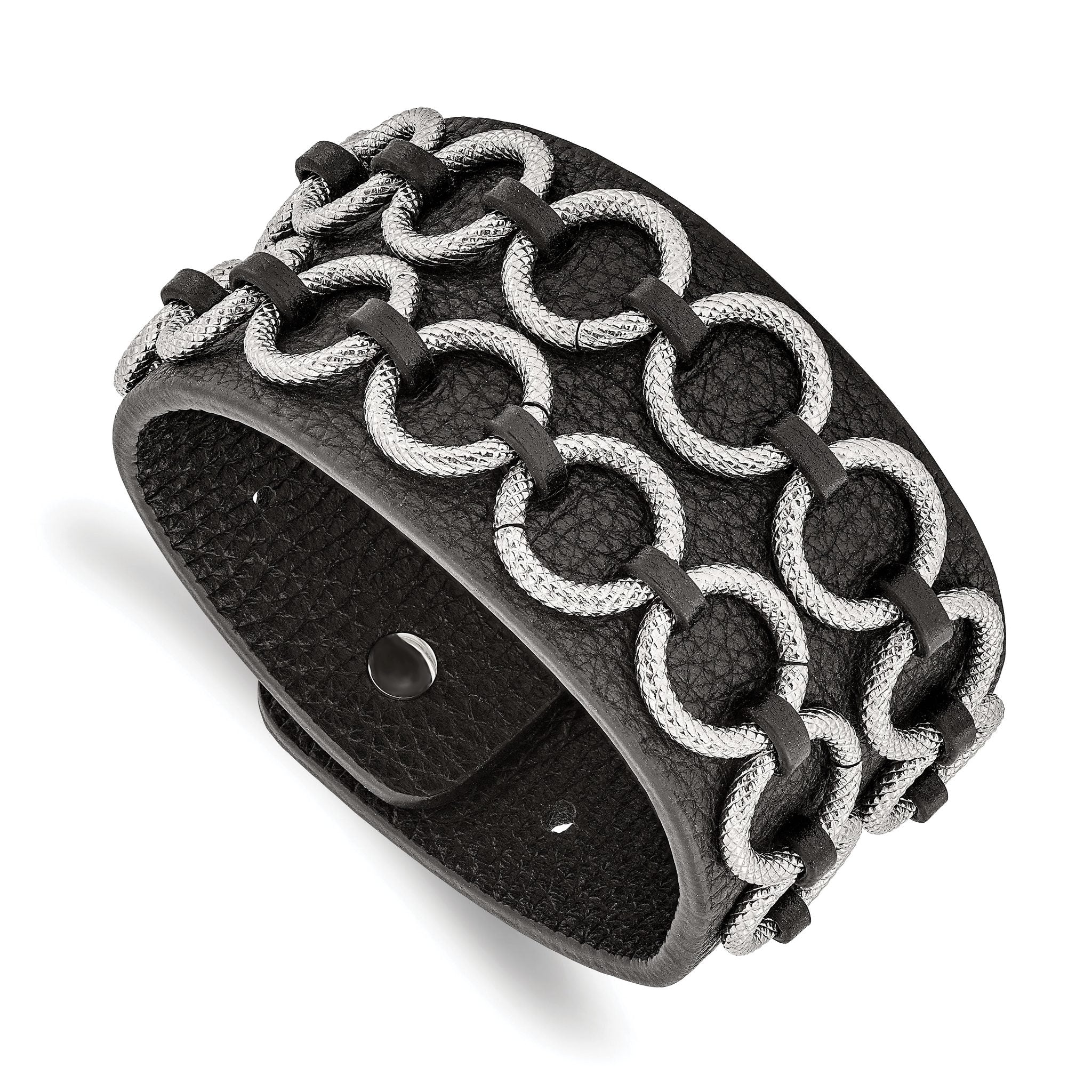 Stainless Steel Polished Textured Black Leather Bracelet for Men Main image