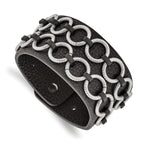 Stainless Steel Polished Textured Black Leather Bracelet for Men
