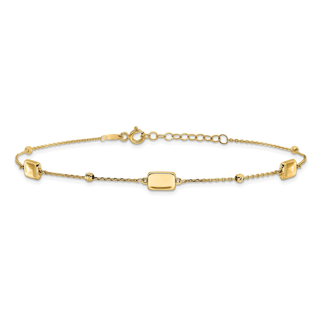 14K Rectangle and Diamond-cut Bead 9 inch Plus 1 inch Extender - Total 10 inch Anklet