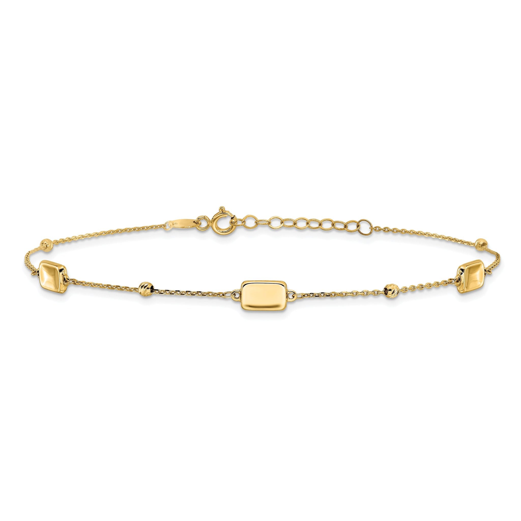 14K Rectangle and Diamond-cut Bead 9 inch Plus 1 inch Extender - Total 10 inch Anklet