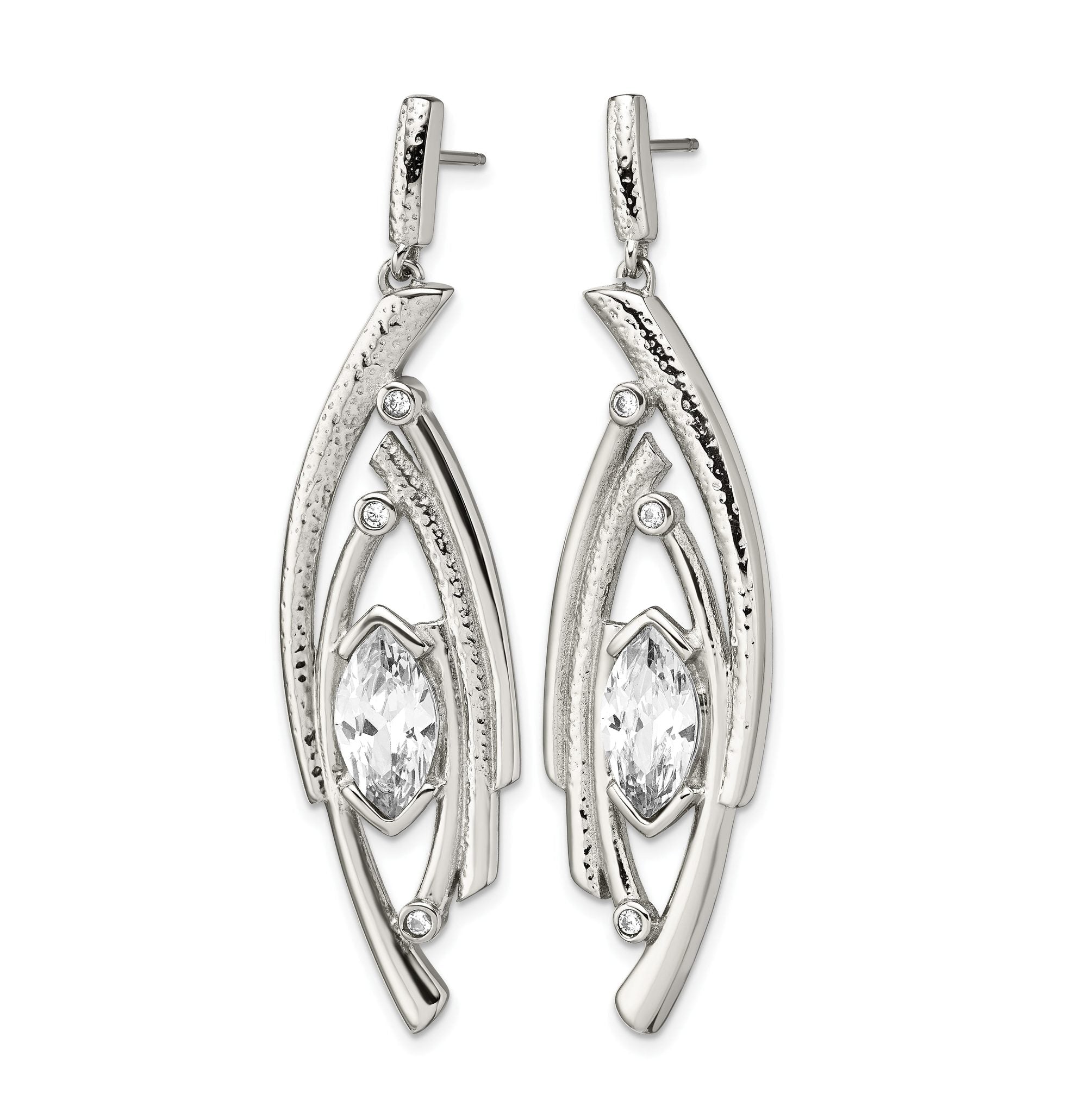 Stainless Steel Polished Marquise Textured Cubic Zirconia Drop Dangle Earrings for Women Secondary image