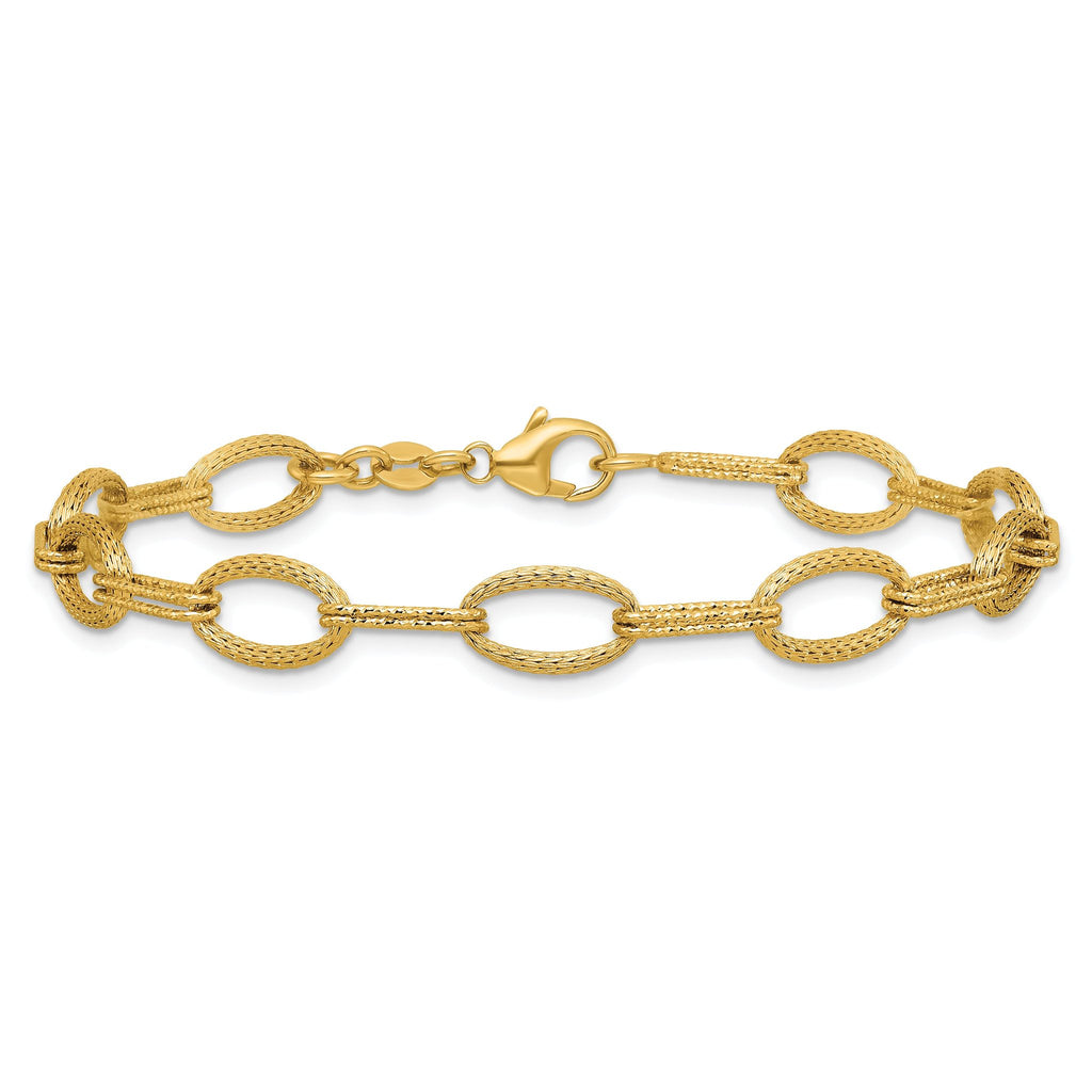 14K Polish/Texture/Dia-cut Fancy Oval Link Bracelet