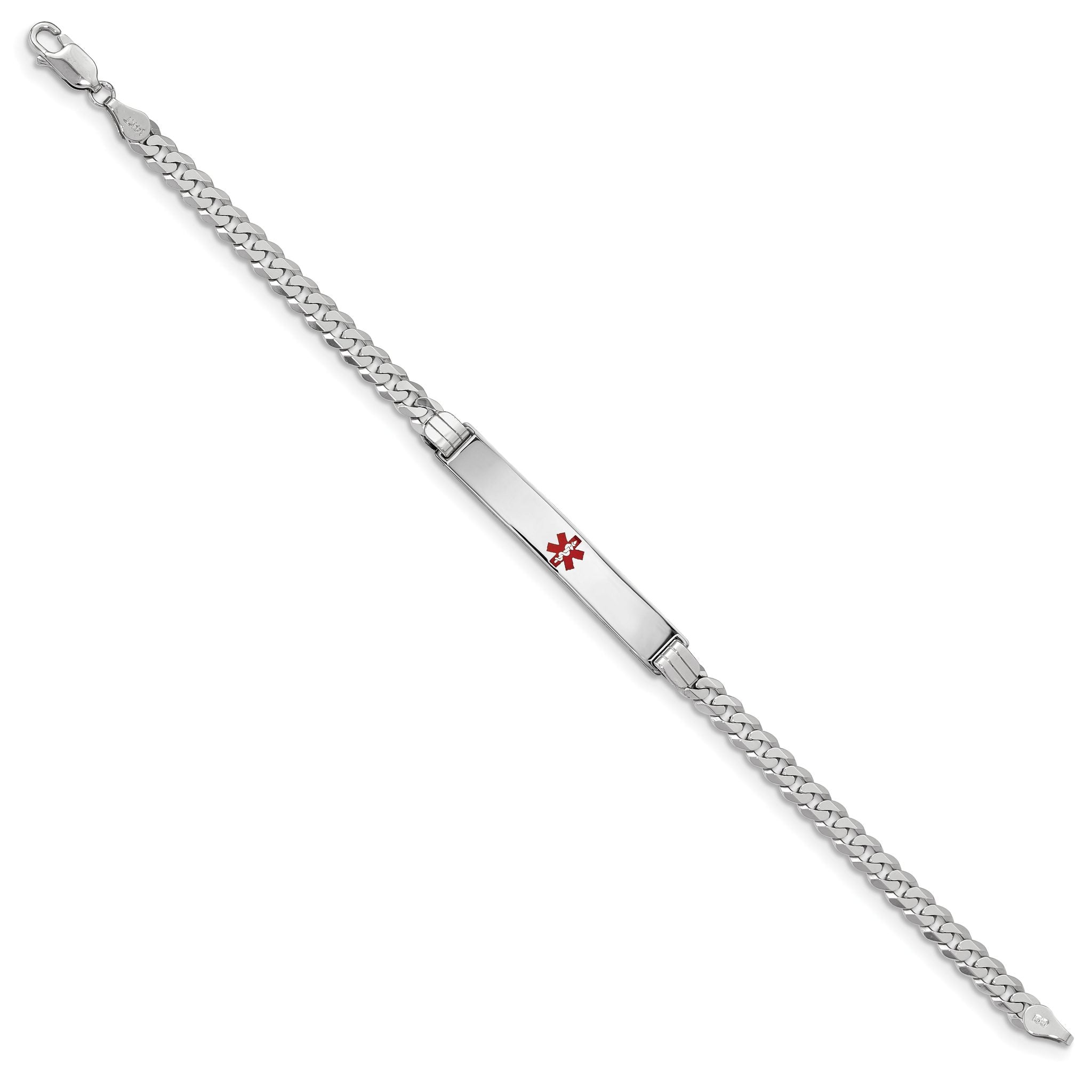 14K White Gold Medical Red Enamel Flat Curb Link ID Bracelet Secondary image
