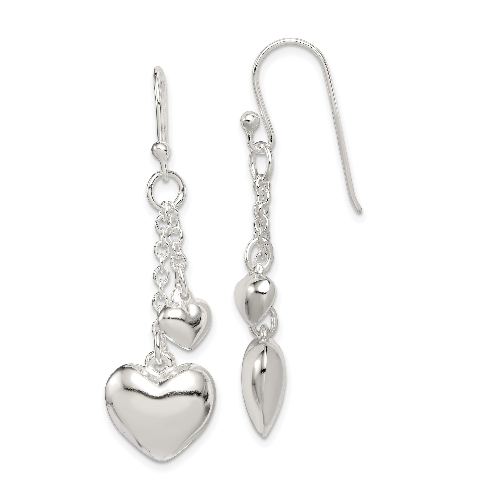 Sterling Silver 925 Puffed Heart Drop Earrings with Polished Anti-Tarnish Finish