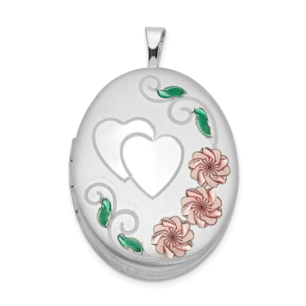 Sterling Silver Rhod-plated Satin Enamel & Diamond Cut  Floral & Heart Oval Locket