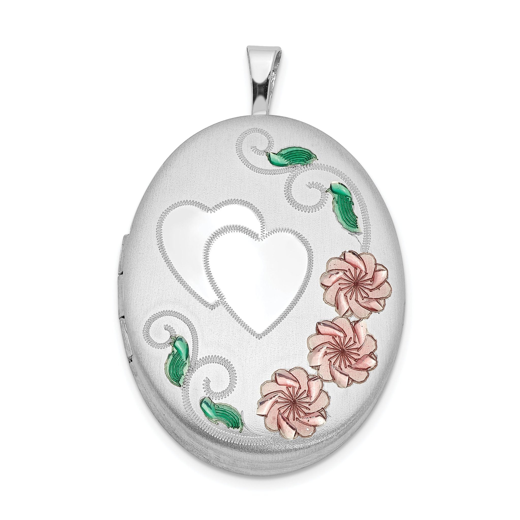 Sterling Silver Rhod-plated Satin Enamel & Diamond Cut  Floral & Heart Oval Locket