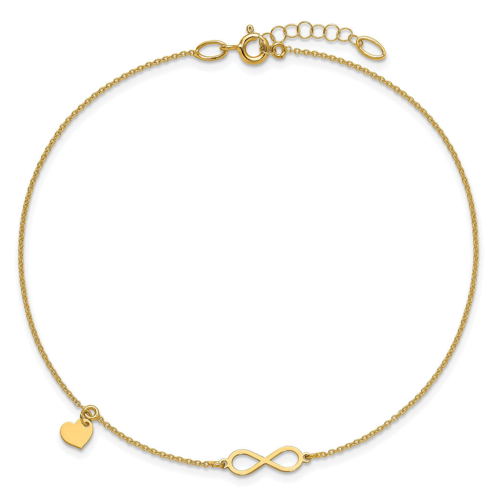 14K Infinity and Dangle Heart 9 inch Plus 1 inch Extender - Total 10 inch Anklet