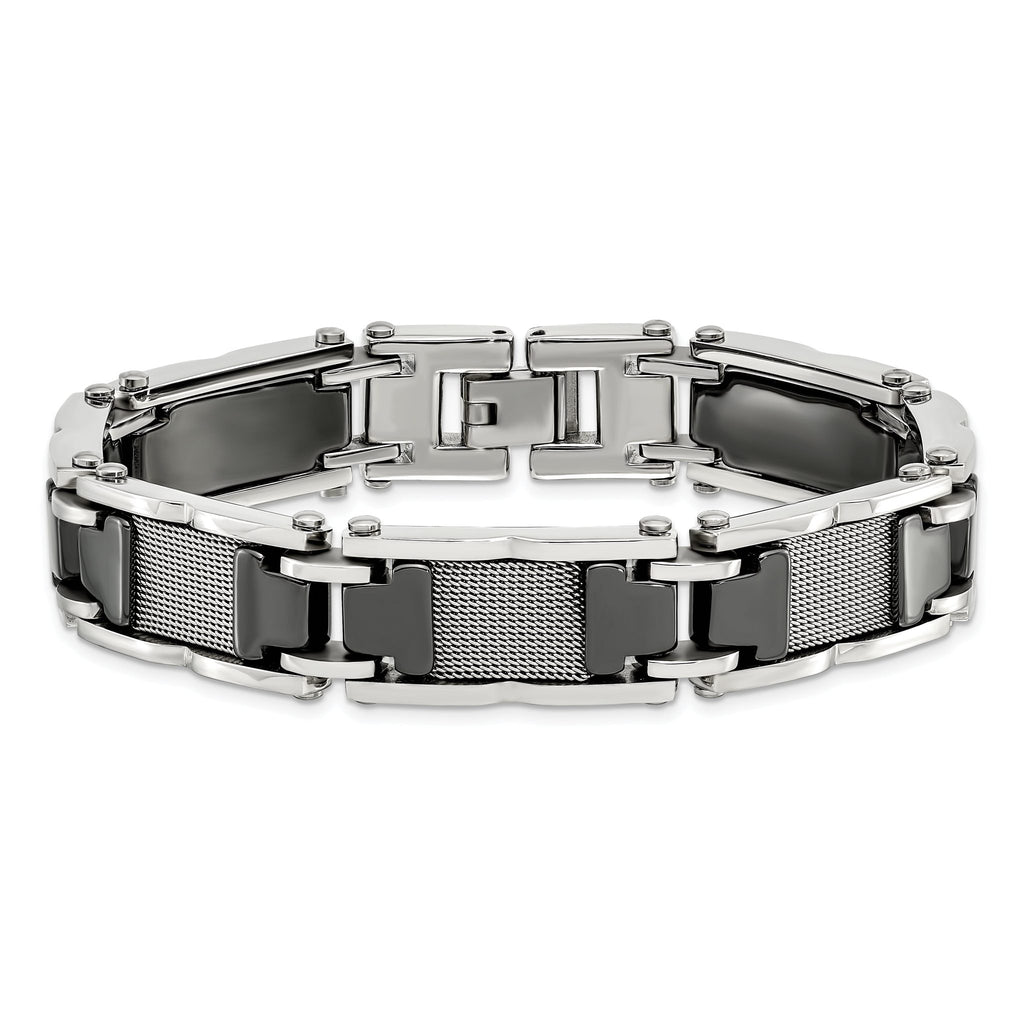 Stainless Steel Polished Mesh with Black Ceramic Link Bracelet for Men