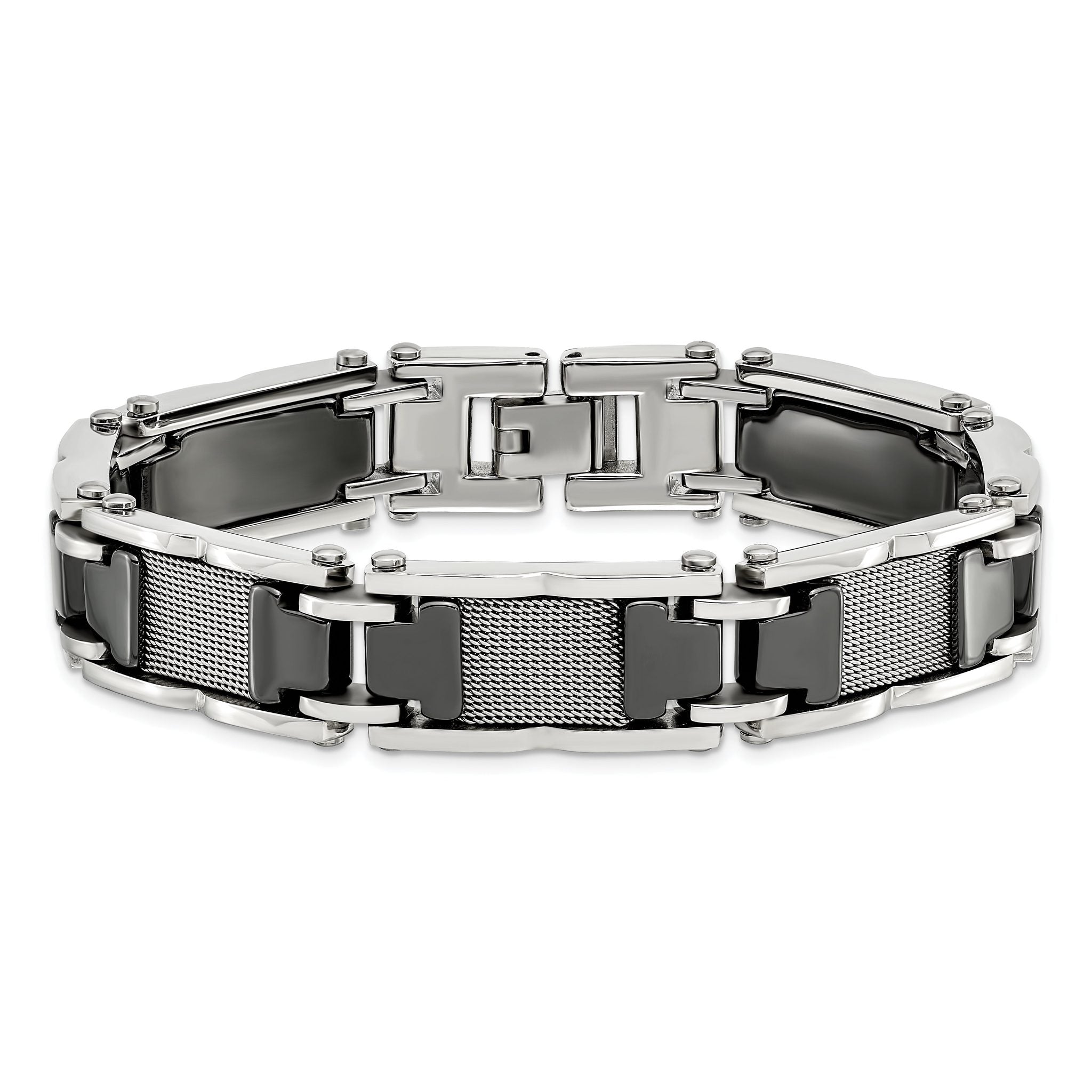 Stainless Steel Polished Mesh with Black Ceramic Link Bracelet for Men