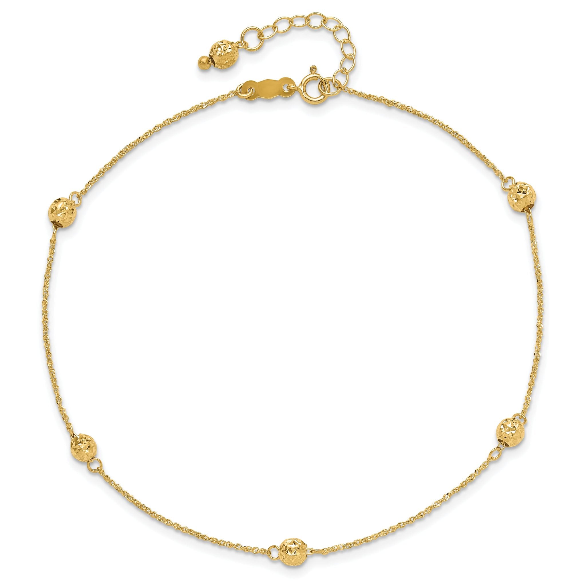 14k Diamond-cut Beads 5-Station 9 inch Plus 1 inch Bead Dangle Extender - Total 10 inch Anklet