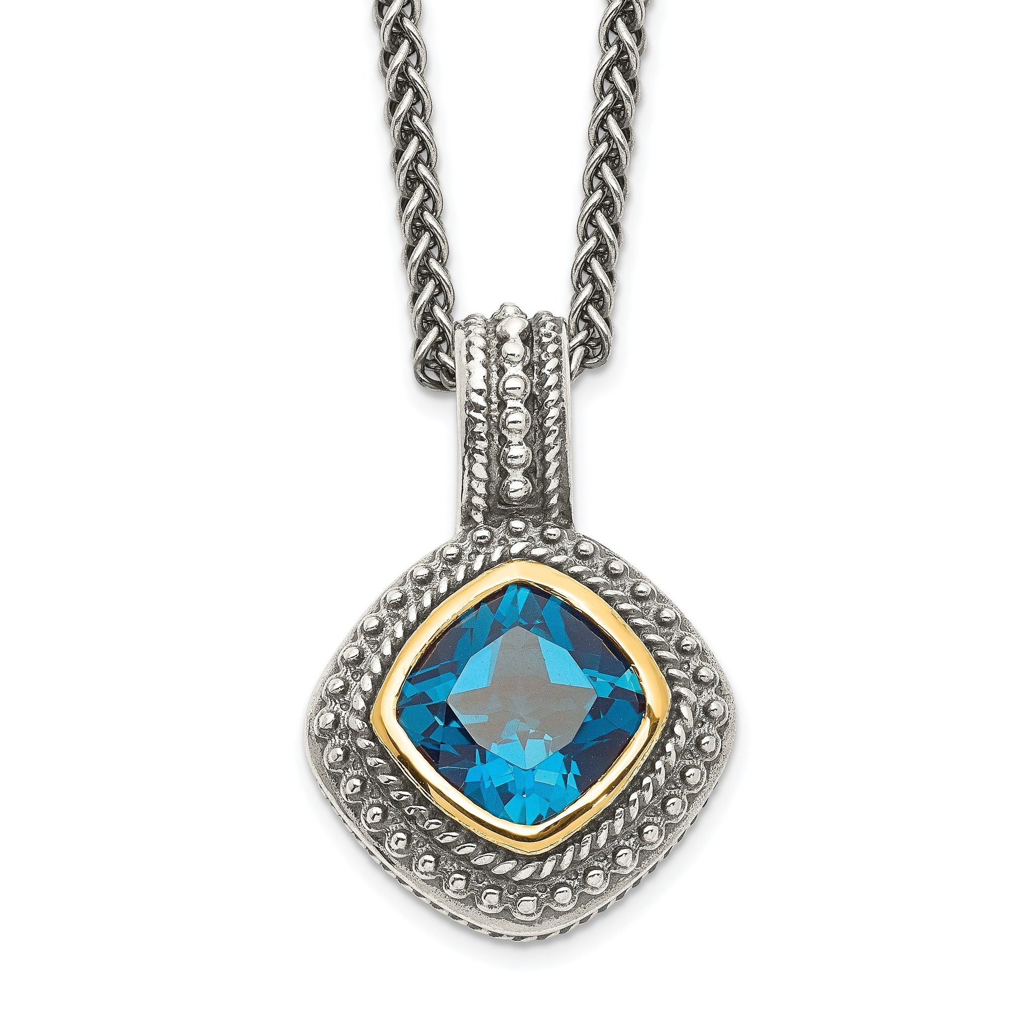 Shey Couture Sterling Silver with 14K Accent 18 Inch Antiqued Cushion Bezel London Blue Topaz Necklace Main image