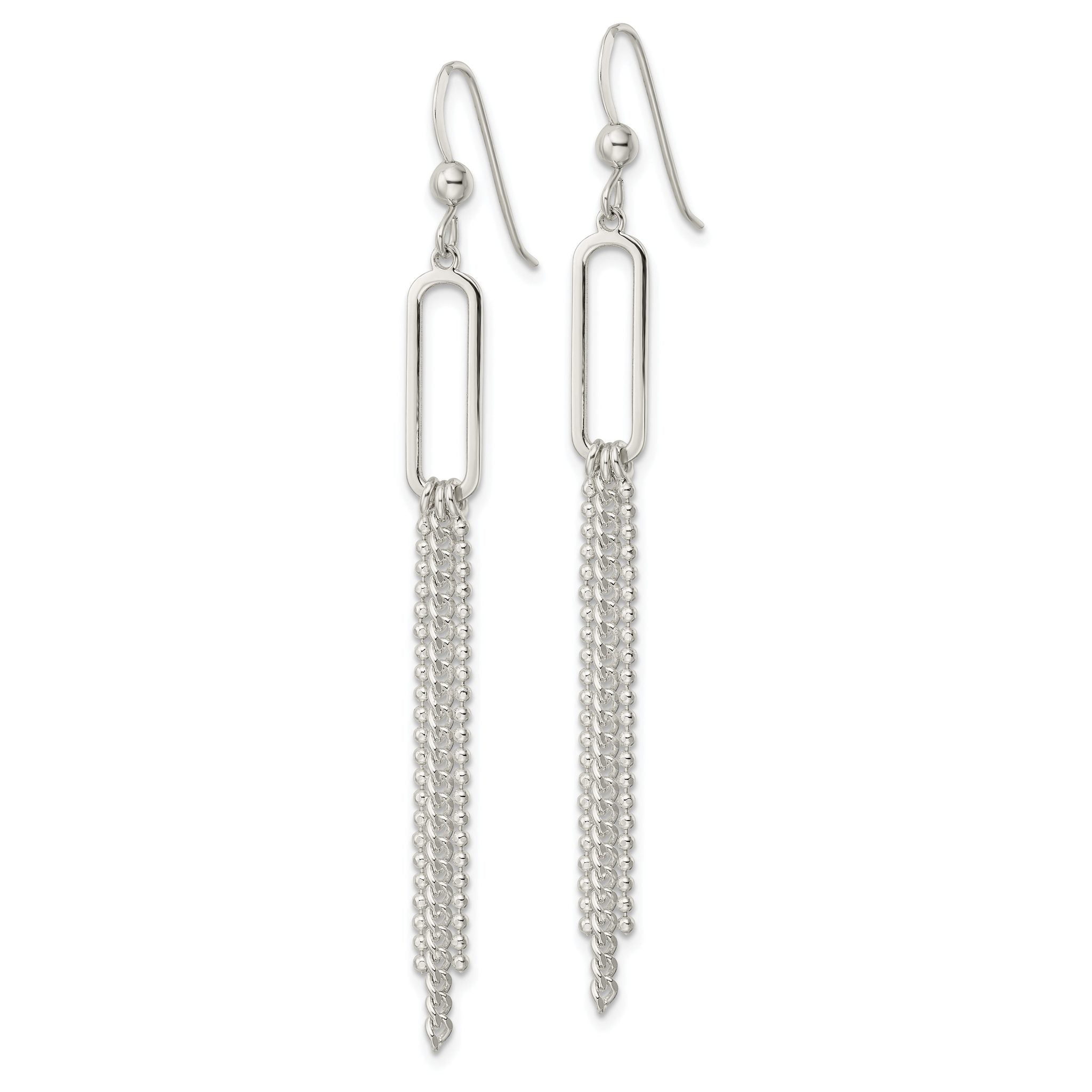 Sterling Silver Polished Oval and Multi-Strand Beaded Chain Dangle Earrings Secondary image