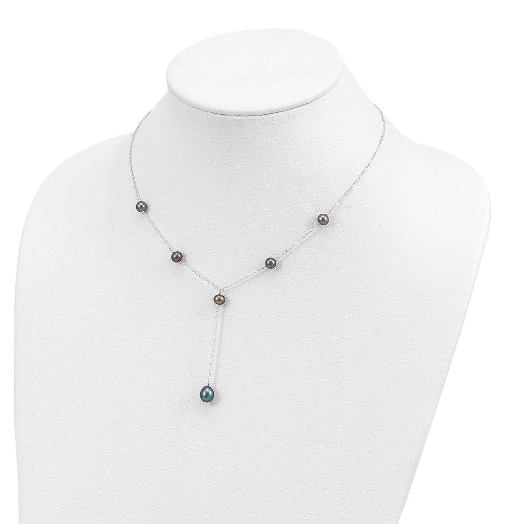 Sterling Silver Rhodium-plated 6-8mm Black Teardrop and Semi-Round Freshwater Cultured Pearl 6-Station Y-Drop 16 inch Necklace
