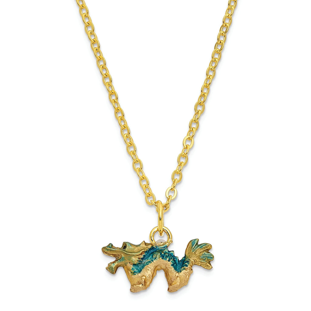 Luxury Giftware Pewter Bejeweled Crystals Gold-tone Enameled CHI Chinese Dragon Trinket Box with Matching 18 Inch Necklace