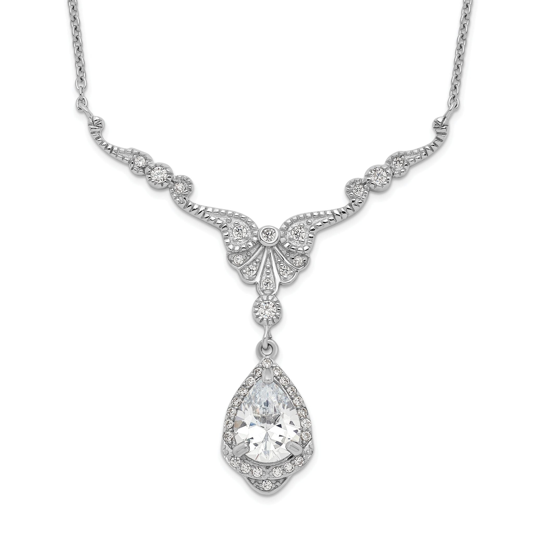 Cheryl M Sterling Silver Rhodium-plated Fancy Brilliant-cut CZ Teardrop Dangle 16 Inch Necklace with 2.25 Inch Extender