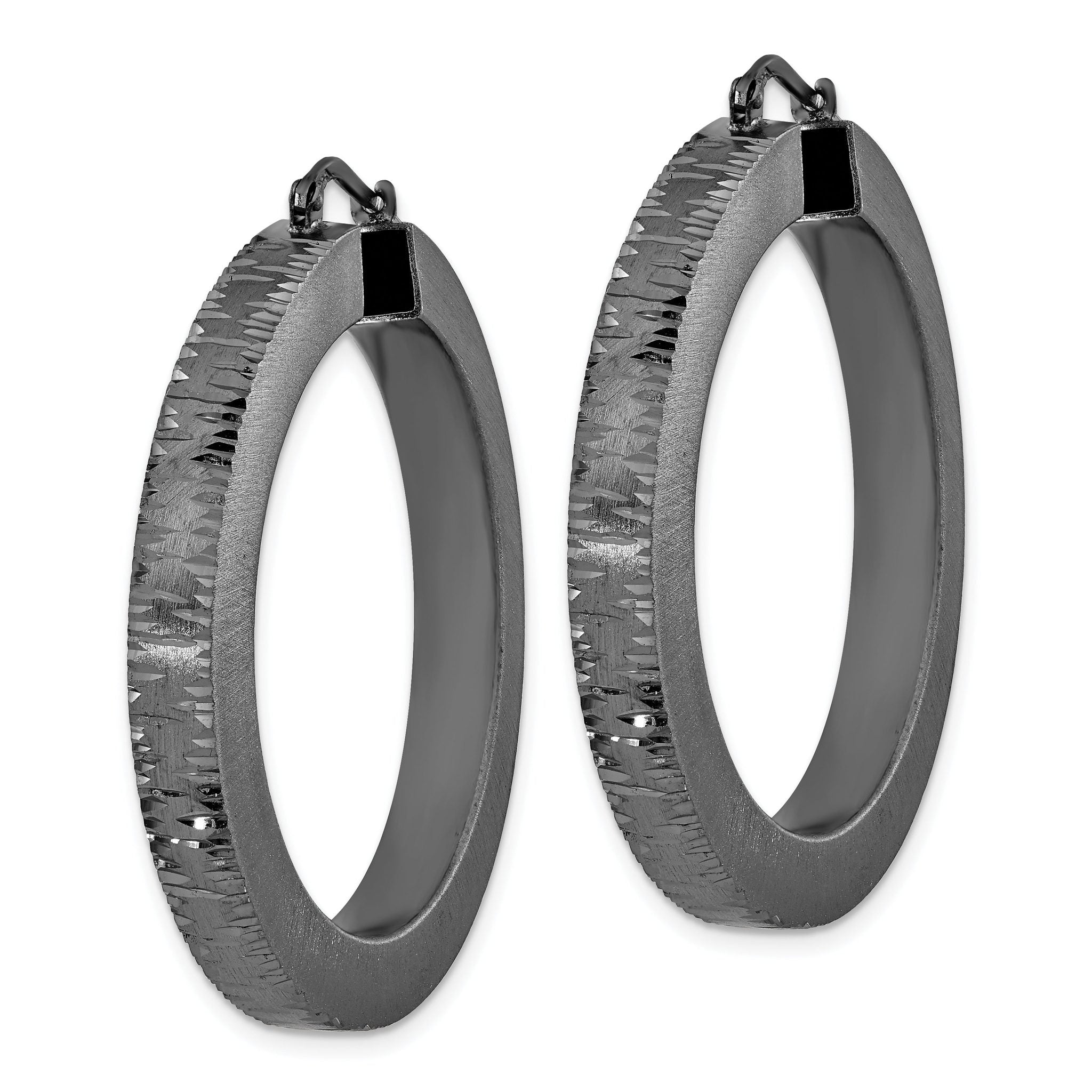 Sterling Silver Black Ruthenium Round Hoop Earrings with Diamond-Cut Finish Secondary image