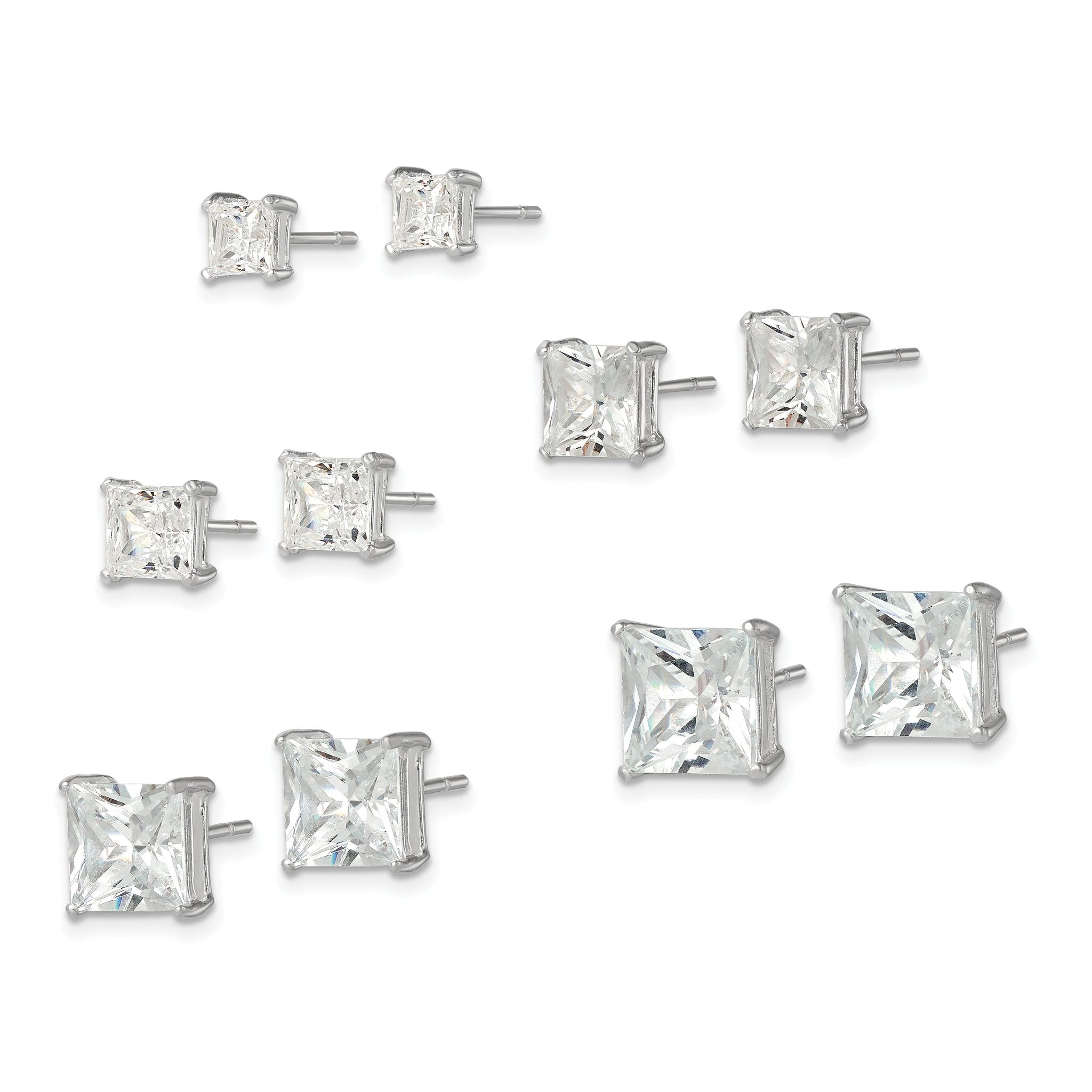 Sterling Silver Polished Square CZ 5-Pair Post Earrings Set Secondary image