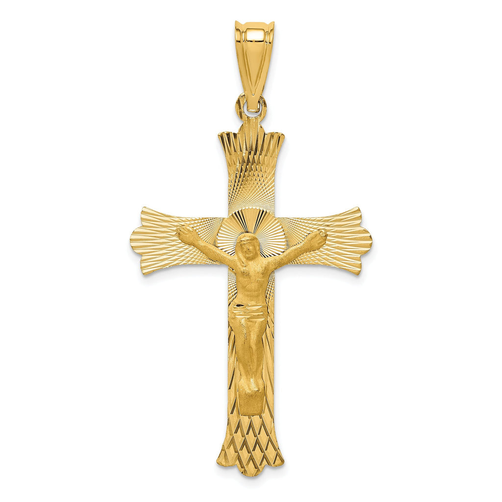 14K Gold Polished Satin Crucifix Pendant Semi-Solid, 49.5mm