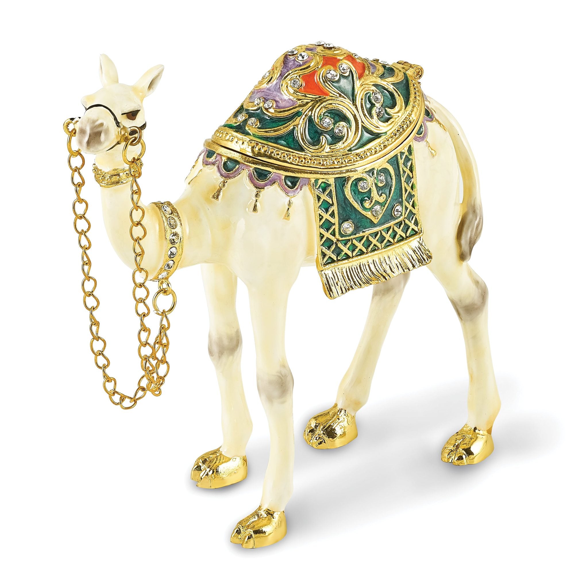 Luxury Giftware by Jere Pewter Bejeweled Crystals Gold-tone Enameled FAISAL White Camel Trinket Box with Matching 18 Inch Necklace Main image