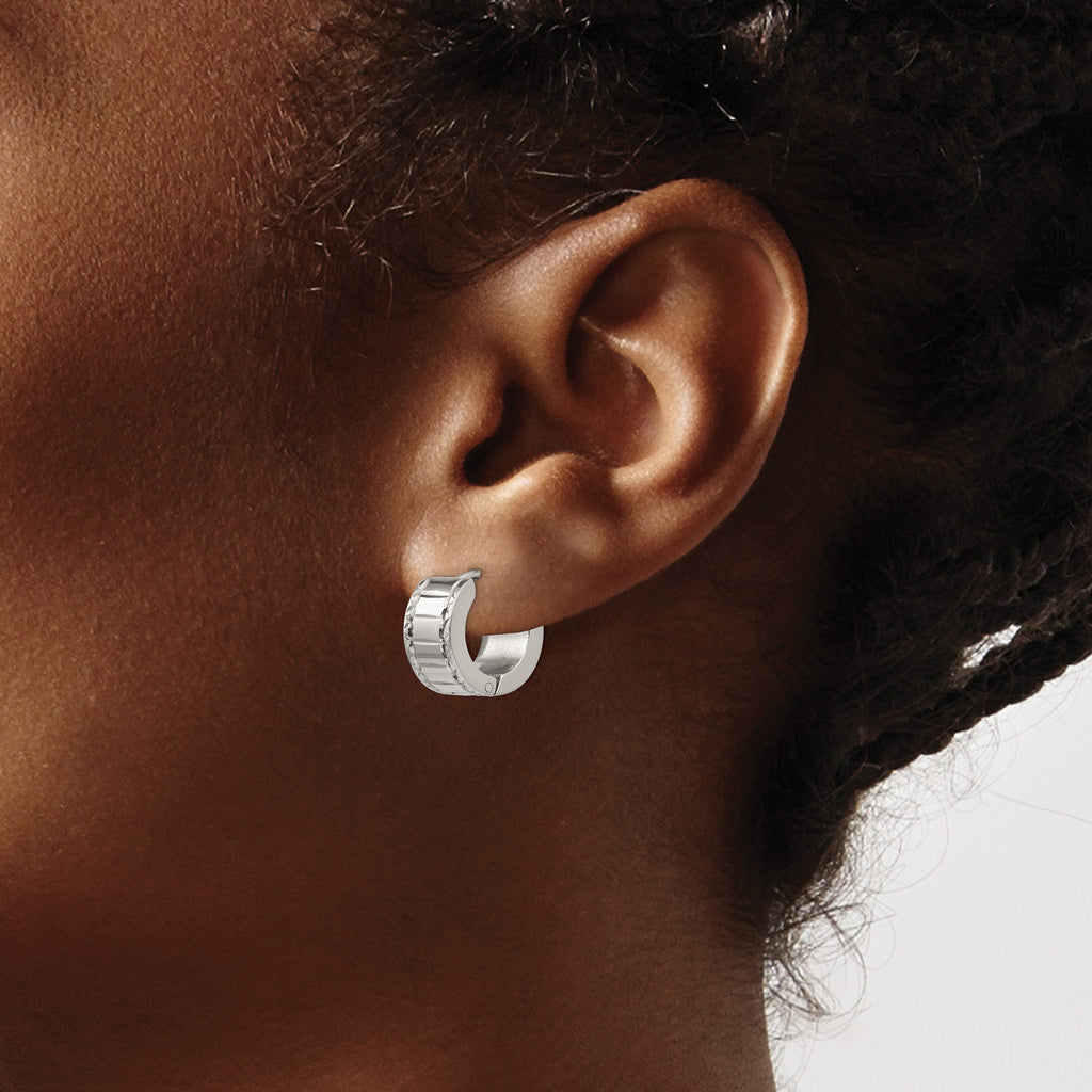 Stainless Steel Polished Textured Hinged Huggie Hoop Earrings