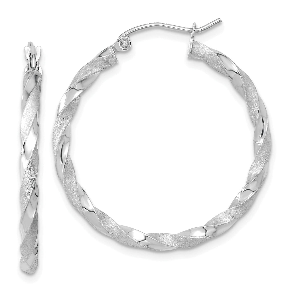 10K White Gold Twisted Hoop Earrings with Satin & Polished Finish